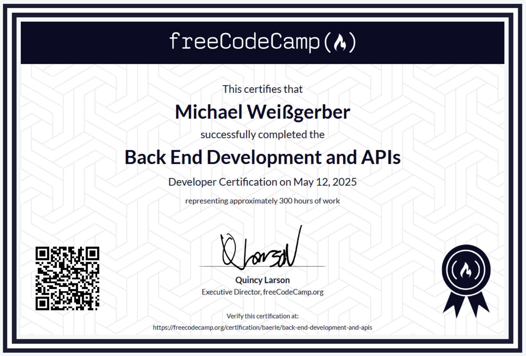 Back End Development and APIs Zertifikat