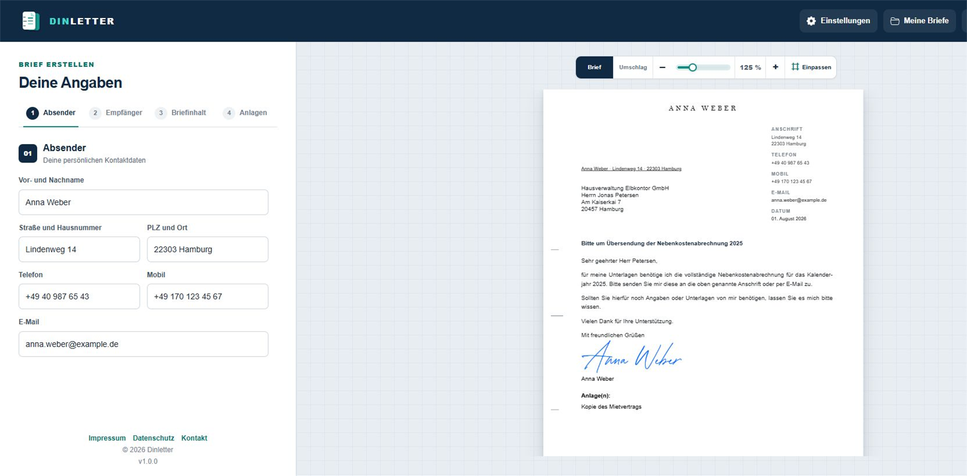 Dinletter Briefeditor mit Briefvorschau